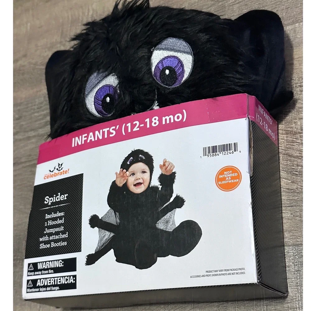 Infant Spider Costume Black Fuzzy Hooded Jumpsuit 12-18 Months Halloween NWT
